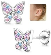 JeweBella Boucles d'Oreilles Argent 925 Fille Femme Boucles d'Oreilles Hypoallergéniques Petit Boucles d'Oreilles Papillon Boucle d'Oreille Enfant Fille Rose/Bleu/Violet/Coloré