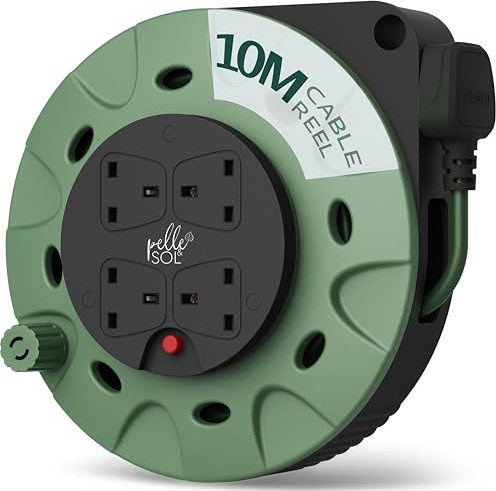 Pelle & Sol 10m Extension Lead Cable Reel with 4 Sockets - Heavy Duty 3120W Power Extension Cable with Overheat Protection for Home, Garden, DIY & Workshop Use