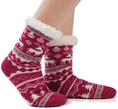 JARSEEN Chaussons Chaussettes d’hiver Laine Pantoufle Chauds Douillets Thème Noël Avec Prises Antidérapantes (Cerf Rouge Rose, EU 36-42)
