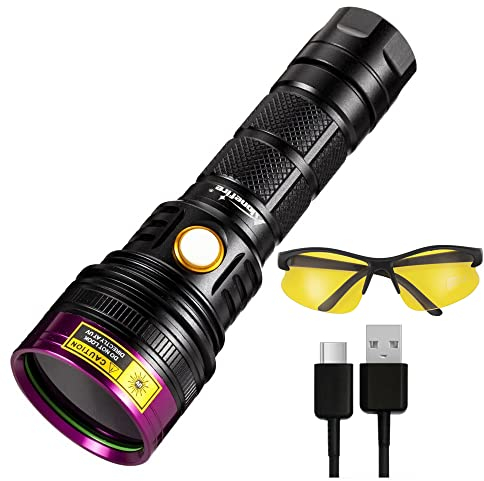 Alonefire SV18 Powerful 12W 365nm UV Torch USB Rechargeable Ultraviolet Blacklight Flashlight Black Light Pet Stain Urine Detector for Resin Curing, Mineral with UV Protective Glasses,Battery Included