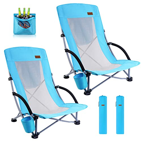 Nice C Beach Chair, Beach Chairs for Adults 2 Pack w/Cooler Compact High Back, Cup Holder & Carry Bag & Heavy Duty Outdoor, Camping, BBQ, Travel, Picnic, Festival (Set of 2 Blue)