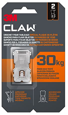 3M CLAW Crochets pour Accrocher des Tableaux sur des murs en plâtre, 2 Crochets - Poids Maxi testé jusqu'à 30 kg - Idéal pour Fixer des Objets lourds, Miroirs, Décoration d'intérieur, sans Outil