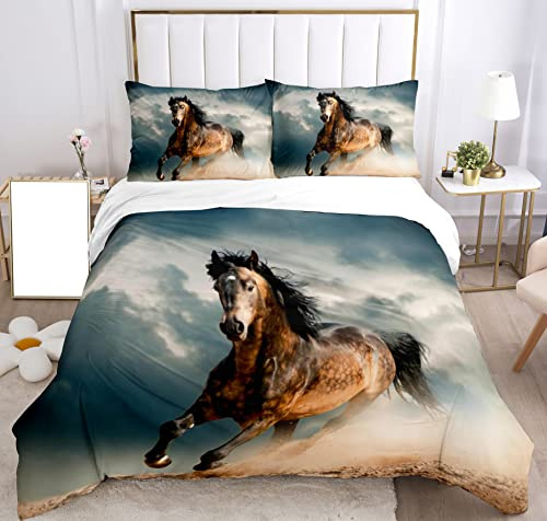 SHUAIG Set di biancheria da letto con Cavallo,3D set di biancheria da letto per bambini con motivo di cavalli animali e copripiumino, per bambini, ragazzi, adolescenti.(Cavallo marrone,220x240cm)