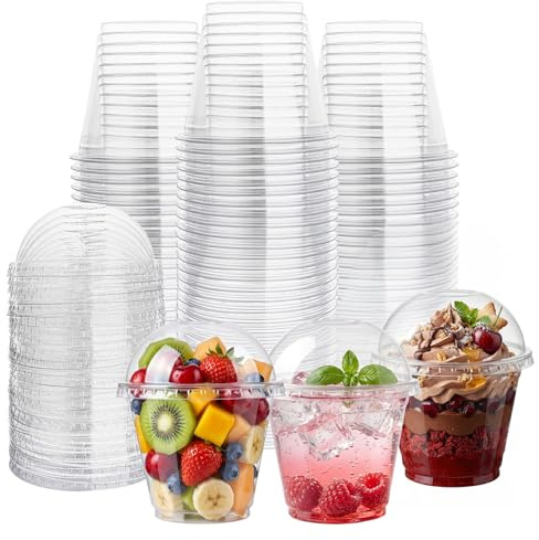 Lullaby 200Pack 9oz Clear Plastic Cups with Dome Lids, Dessert Cups with Lids, Disposable Parfait Cups, Party Cups Cupcake for Parties and Daily Use