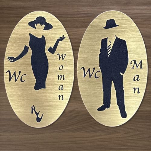 Targhetta doppia Uomo Donna per bagno etichetta in Pvc colore spazzolato oro o argento e nero con biadesivo per una facile applicazione 14x8,5 cm Targa per porta WC Toilette (Oro)