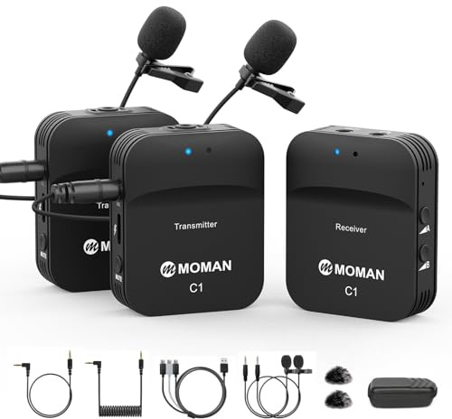 Moman C1X Wireless Lavalier Microphone, 2.4GHz Dual Channel Lapel Mic System with Noise Cancellation 230FT Range for Online Class Vlog Live Stream YouTube DSLR Camera Smartphone Tablet