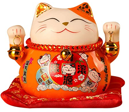 Hucha Gato de la Suerte, Hucha Feng Shui de 4,5 Pulgadas, Hucha de Cerámica Gato de la Suerte Bote Ahorrador para Regalo Escritorio Juguetes Decoración(Naranja)