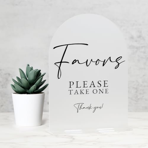 Acrylic Favors Sign with Stand- 5x7 Frosted Arched Wedding Sign and Base,1/8 Thick | Modern Calligraphy Black Letters Arch Acrylic Sign for Wedding Reception & Party