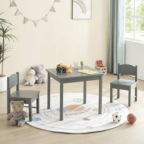 Panana Kids Childrens Wooden Table & Chairs 3pcs Set For Preschoolers Boys and Girls Activity Build & Play Solid Pine Wood Table and 2 Chairs Set (Grey)