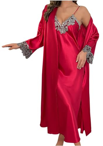 Womens Lace Dressing Gown 2 Piece Pajamas Satin Nightwear Sets Sleepwear Long Robe Jacket Open Front Coat and Spaghetti Straps Nightdress Long Sleeve Loungewear Morning Robes Casual Home Wear