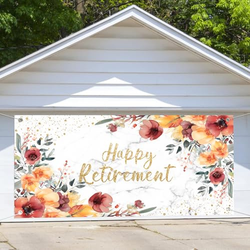 Couverture de porte de garage pour retraite, 4 x 1,8 m, toile de fond pour porte de garage Happy Retirement Backdrop Wateroclor Flower Women Retirement Party Outdoor Background portrait Photo Prop