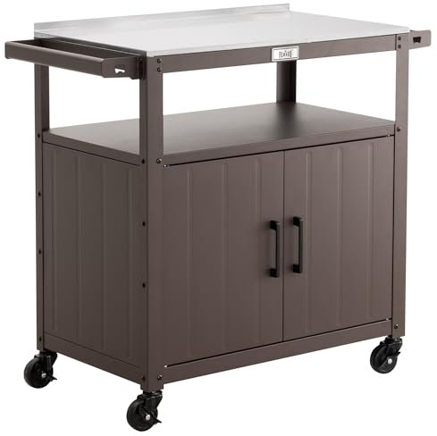 Outdoor Grill Cart with Stainless Steel Tabletop and Storage Cabinet, Movable Kitchen Island with Wheels for BBQ Food Prep, Brown