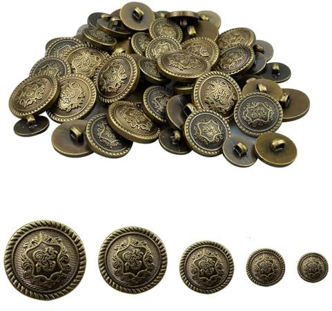 GIONAR 75 Stück Knöpfe Metall, Trachtenknöpfe mit Schaft, Metallknöpfe Ösenknöpfe Vintage Knöpfe, Bronzeknöpfe Annähen Metallknöpfe für Blazer, Jacken, Mäntel, Uniform(12.5mm 15mm 18mm 21mm 25mm)