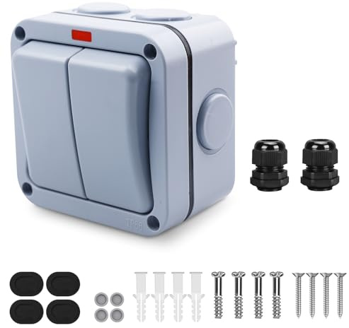 GOEDCH Interruttore impermeabile IP66: interruttore della luce resistente alle intemperie, interruttore della luce esterna per giardino, doppio interruttore da 20 A, modulo di commutazione robusto per