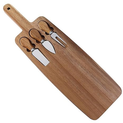 Juego de tablas de queso de madera de acacia con 3 cuchillos de queso, tabla de embutidos, tabla de cortar para queso, filete y más