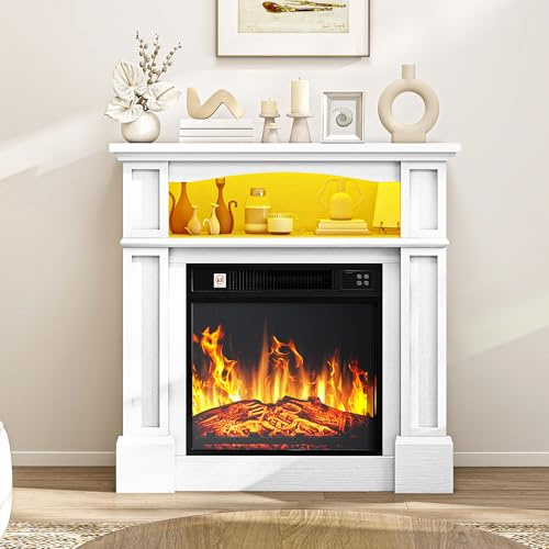 TAUS Fireplace with 32 Surround, White Electric Fireplace Free Standing with Realistic Flame Effect Fireplaces Heater, with Timer and 7 Color LED Light Strip and Remote Control