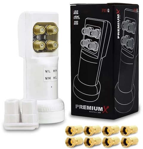 Premium X PXV-Q Quattro LNB – endast för multibrytare – LNC-huvud med LTE-filter – SAT Digital DVB-S2 4K HD 3D – guldpläterade kontakter – vit – extra liten – inklusive 8X F-kontakt
