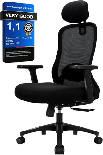 Durrafy Office Chair, Ergonomic Desk Chair with Adjustable Headrest, Lumbar Support and Armrest, High Back Ergonomic Office Chair with 90°-130° Tilt Function (Lockable), Computer Chair for Home/Office