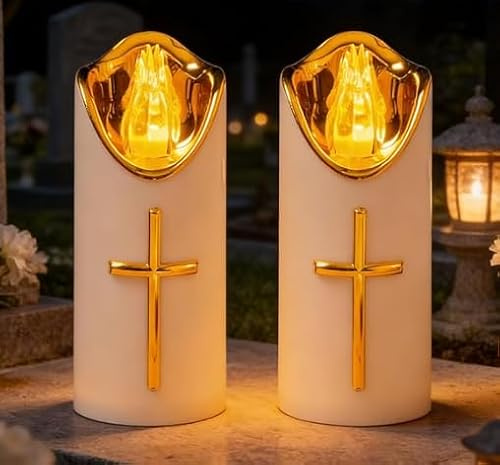 Dongcill Candela funeraria a LED,2 PCS Candela Cimitero Riutilizzabile,Luce Tombale,5X12.5CM, Funzionamento a Batteria,Candele a LED per Cimiteri e Chiese