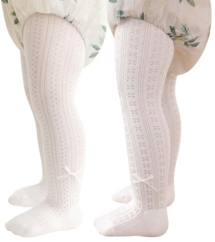 Miipat Collants pour Bébés Filles, Lot de 2 Collants à Motifs Ajourés Résille Fantaisie Enfants Élastiques Doux pour L'école La Danse ou Les Fêtes(Point Blancblanc,18-24Mois)