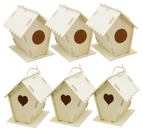 6Pcs Birdhouse Kits for Kids - DIY Unfinished Wooden Bird Houses to Painting with Hanging Ropes, Creative Expression & Family Fun, Heart & Round Shapes gardening