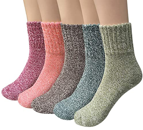 YSense Snug 5 Pairs Thermal Women Socks Winter Wool Warm Knitting Ladies Socks Vintage Style Soft Cotton Thick Women Bed Sock Multicoloured for Womens, Christmas Gifts for Women