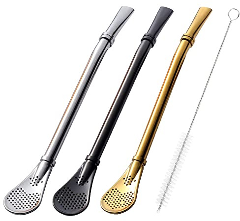 Beruth Bombilla Yerba Mate Straws, 3 Pack Reusable Colorful Tea Coffee Cocktail Stainless Steel Bent Smooth Flow Drinking Stir Filter Spoon Straws with Cleaning Brush by