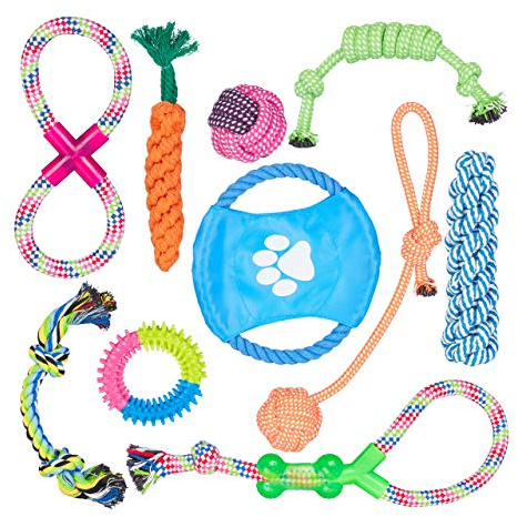 Relaxdays Giochi per Cani, Set da 10, Giochi in Corda, da Riporto, Disco, Cani di Taglia Grande e Piccola, Colorato