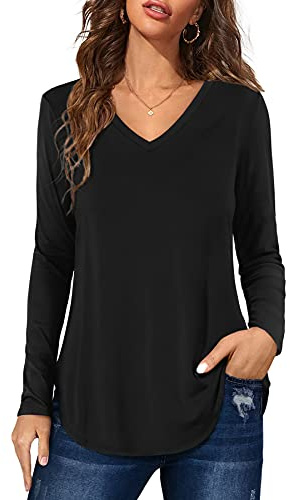 Florboom Tshirt Damen Langarm Shirts V Ausschnitt Oberteil Lang T-Shirts Casual Longshirt Schwarz L