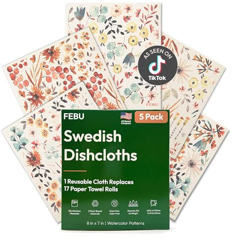 FEBU Swedish Dishcloths for Kitchen | 5 Pack Watercolor Reusable Paper Towels Washable | Swedish Dish Towels | Non-Scratch Cellulose Sponge Cloths | No Odor, Biodegradable Cleaning Cloths