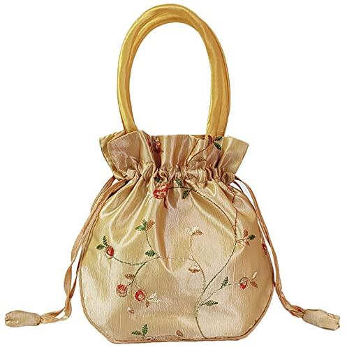 SINSEN Small Drawstring Pouch Gift Bag for Present, Satin Embroidered Potli Bag Clutches Handbag, Brocade Ethnic Jewellery Coin Purses for New Year Birthday Wedding Party Valentine (Khaki)