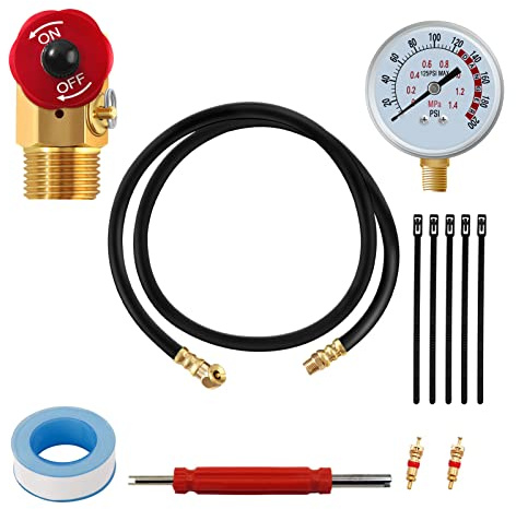 12Pc Air Tank Repair Kit, SUNROAD Air Tank Hose Assembly Kit Come with Pressure Gauge, Air Hose Connect, Aluminum Knob Air Tank Manifold,Reuseable Cable Tie,Valve Core Tool and Valve Cores
