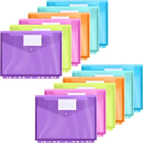 12 Stück Dokumententasche A4,Premium Transparent 6 Farben Dreidimensionale Dokumentenmappe mit Druckknopf Ordner Tasche mit 11 Lochrand und Etikettentasche für Dokumente Organisiere