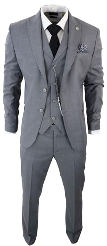 Mens Classic 3 Piece Suit Grey Pocket Chain Wedding Tailored Fit Vintage Formal - Grey 38