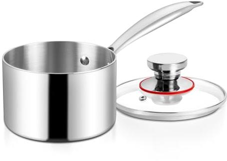 Herogo Stainless Steel Saucepan 16cm, 1.7L Sauce Pan with Glass Lid, Triple-Layer Milk Pan, Ergonomic Handle, Induction Cooking, Easy to Clean