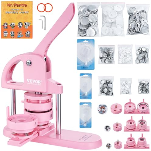 VEVOR Macchina per badge 25/32/58 mm, Pressa per badge con 300 kit di accessori, Kit fustellatrice manuale badge punzonatrice, Macchina per la creazione di badge rosa