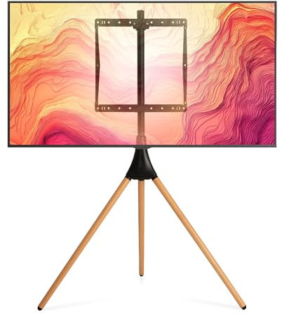 MAHARA Caballete de madera para TV, trípode de tres patas, patas de madera real, soporte VESA universal, altura ajustable, para televisores de hasta 65 pulgadas y 30 kg, fácil montaje, todas las