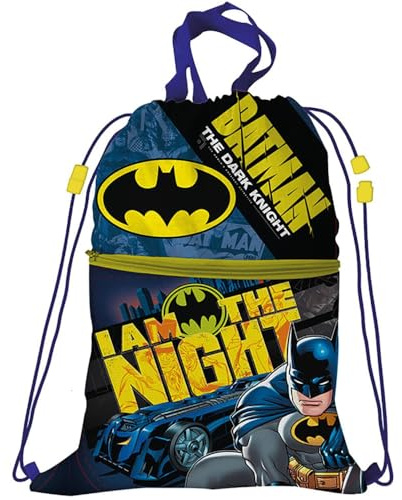 CARTOON Mochila con bolsillo frontal Batman con cierre de cordón para niños 44 x 34 cm escuela gimnasio ocio