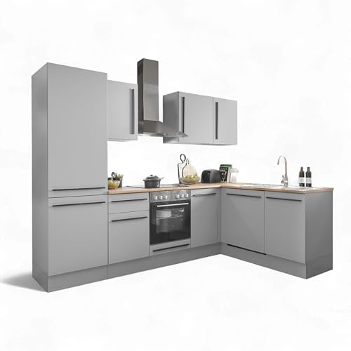 Denver Moderne Eckküche mit Elektrogeräten in Grau, Lancelot Eiche Optik - Geräumige Küchenzeile in L-Form mit viel Stauraum - 280 x 211 x 60 cm (B/H/T)