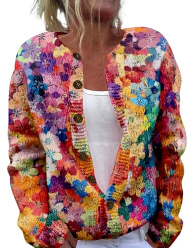 Oversized Lightweight Summer Cardigans Jumpers for Women UK Casual Norwegian Knit Open Front Jumper Elegant Boho Floral Knit Cardigan Long Sleeve Plus Size Button Up Spring Blouse Plus Size 8-22