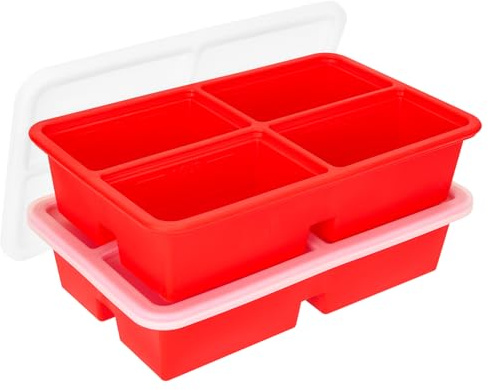 2 Pack Extra Large Soup Containers for Freezing, Silicone Cube Soup Freezer Mould with Lid, Meal Prep Soup Storage Containers, Large Ice Cube Tray for Sauce, 4-Compartment Freezer Container,Red
