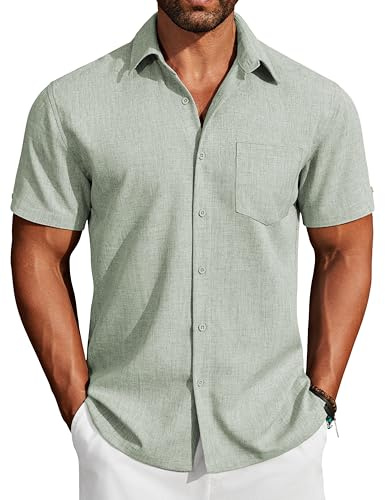 COOFANDY Chemise Homme Manches Courtes Été Décontractée Plage sans Repassage Extensible Légère Boutonnée avec Poche Vert XL