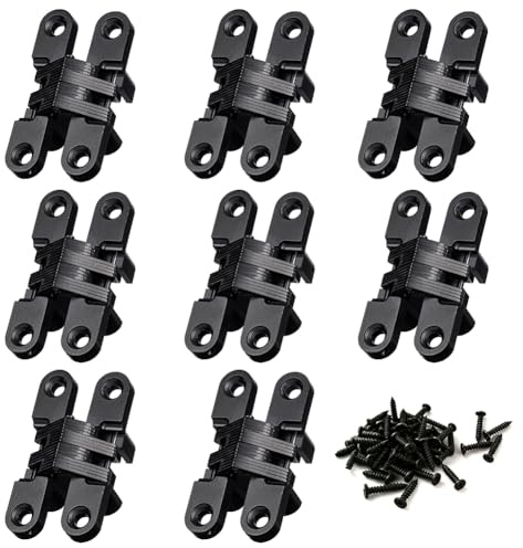Doodlream 8 Pack Hidden Door Hinges, Invisible Hinges for Secret Door, 2.36 L Black Concealed Hinge with 180 Degree Opening, Mortise Cross Hinges for Kitchen Cabinets Bookcase Office Folding Doors