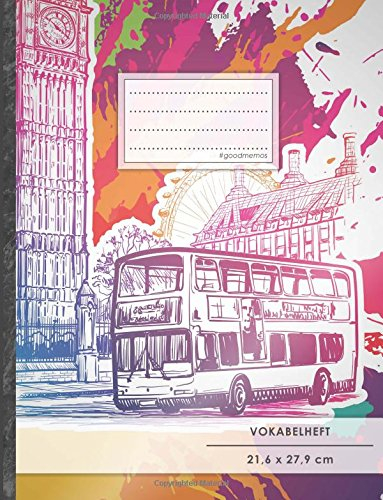 VOKABELHEFT DIN A4 • 50+ Seiten, Soft Cover, Register, 2 Spalten, Erfolgs-Tacker, Britische Collage • Original #GoodMemos Schulheft • Sprachen und Vokabeln leicht lernen, Lineatur 53