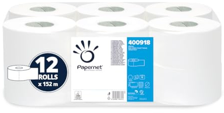 Papernet - Mini Jumbo Toilet Paper 400918, 12 Rolls of Pure Cellulose Paper, 152m Each, 2 Ply, Roll Diameter 19.5cm