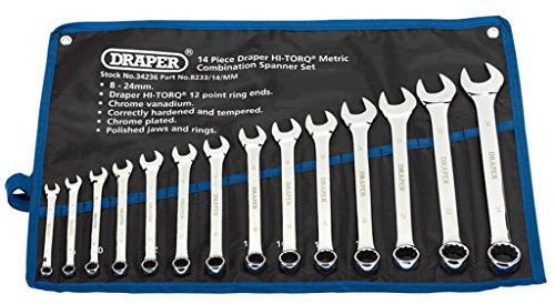 Draper 14 Piece HI-TORQ Combination Spanner Set - 34236 - Metric 8-24mm Chrome Plated Tool Kit