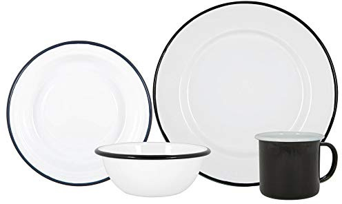 Argon Tableware Coloured Dinnerware Set - 16-Piece - Black Dinner Set Lightweight Camping Dinner Plates, Pasta Bowls, Coffee Mugs and Side Plates Dining Set