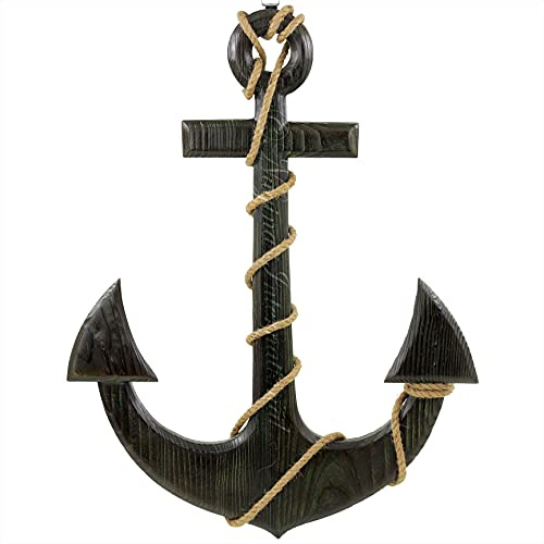 Nagina International Ancora da parete in legno nautico con alghe antiche verdi con finitura vintage nera, decorazione da parete, scultura artistica da parete, idee per la decorazione della casa a tema