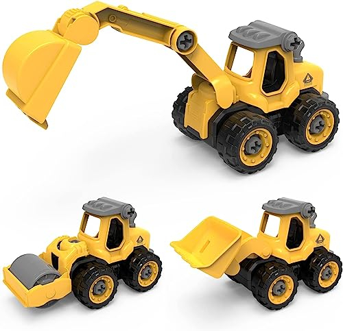 EYLM Pelleteuse avec Véhicule de Construction, Bricolage 3 en 1 Tracteur avec Chargeur Frontal, Rouleau Compresseur Ensemble de Jeu Jouet Éducatif pour Les Jeunes Enfants de 3 4 5 6 Ans