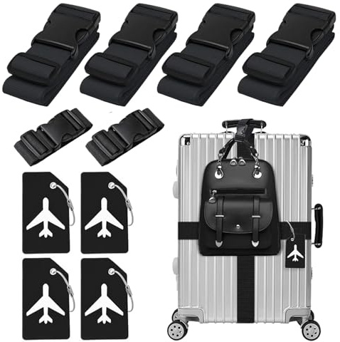 4 stycken bagageremmar och 4 bagageetiketter samt 2 stycken för att lägga till en väska med bagageremmar, justerbara bagageremmar, justerbara bagageremmar, bagageremmar